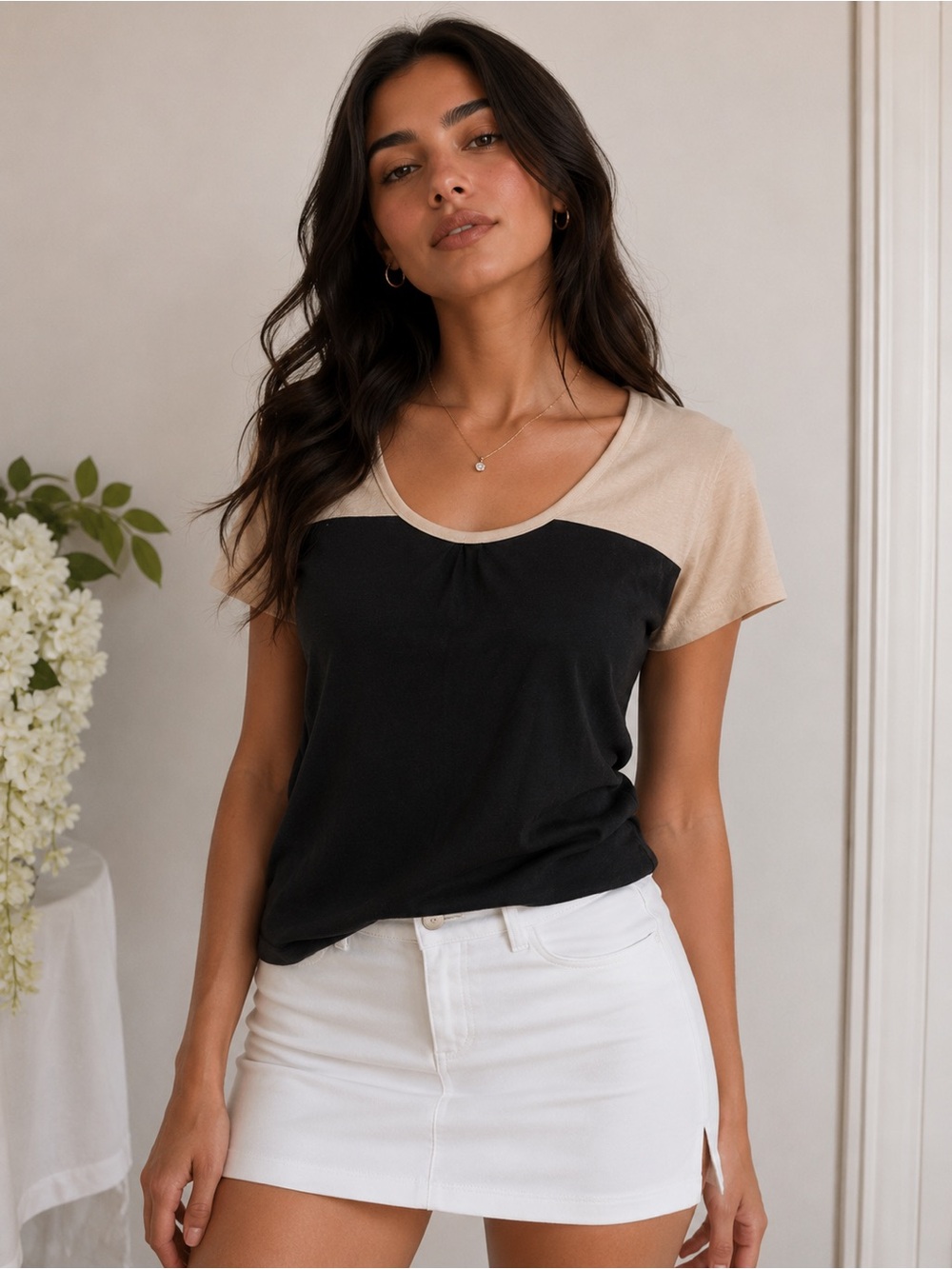 George Women Black Beige Colorblock Short Sleeve Scoop Neck Blouse Casual Top M